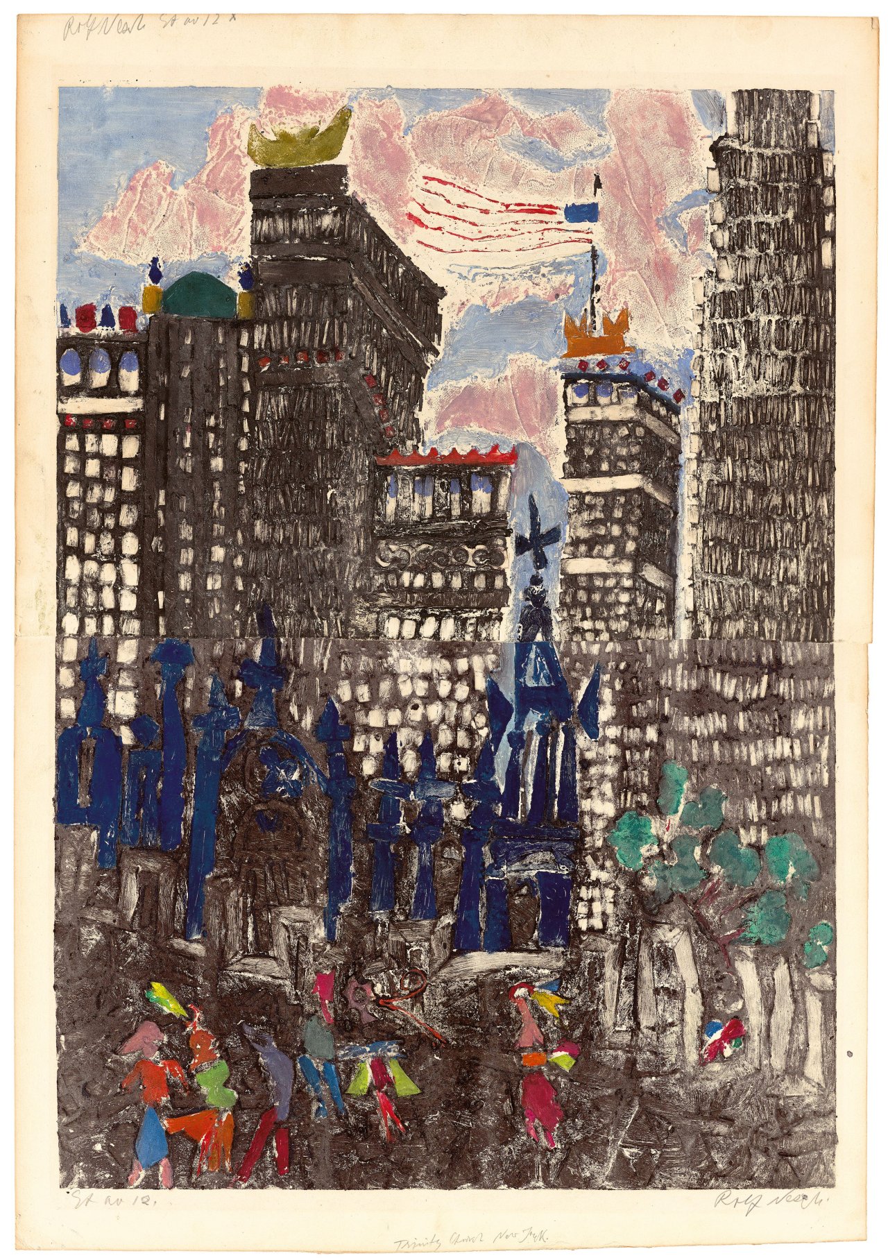Auf diesem Bild ist das folgende Kunstwerk zu sehen: Rolf Nesch. „Trinity Church“ („Trinity Church New York“). 1950.