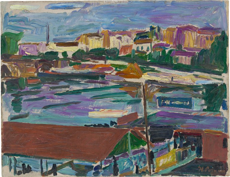 Auf diesem Bild ist das folgende Kunstwerk zu sehen: Hans Purrmann. „Industriehafen an der Seine (?)“. 1907.