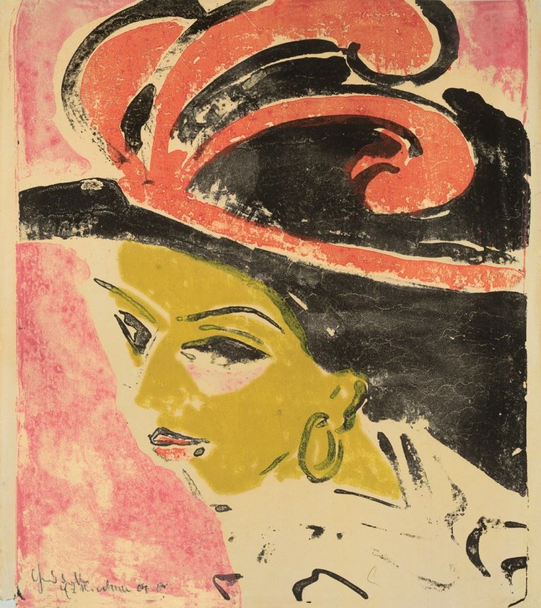 Auf diesem Bild ist das folgende Kunstwerk zu sehen: Ernst Ludwig Kirchner. „Kokottenkopf in Federhut“. 1909/10.