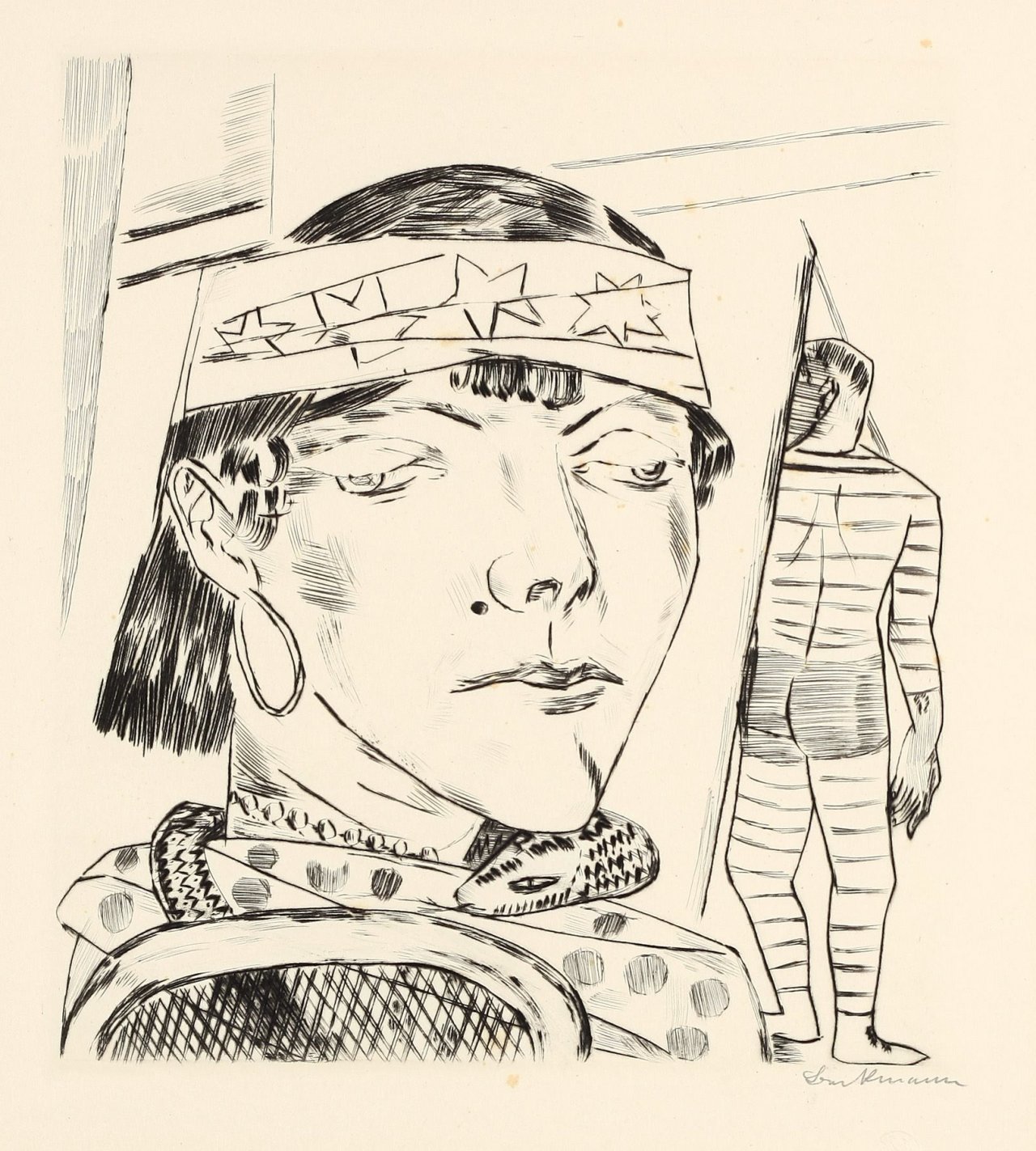 Auf diesem Bild ist das folgende Kunstwerk zu sehen: Max Beckmann. „Schlangendame“(„Schlangenbändigerin“). 1921.