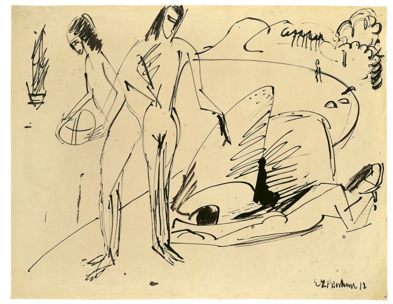 Auf diesem Bild ist das folgende Kunstwerk zu sehen: Ernst Ludwig Kirchner. Badende am Strand von Fehmarn. 1912/13.