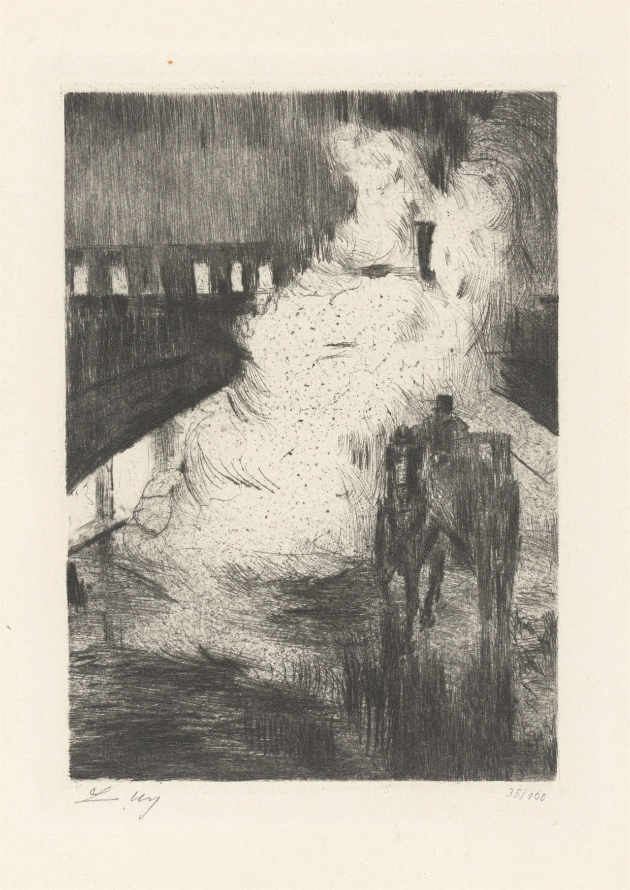 This picture shows the following artwork: Lesser Ury. „Nächtliche Impression (mit Droschke vor Lokomotivendampf)“. 1924.