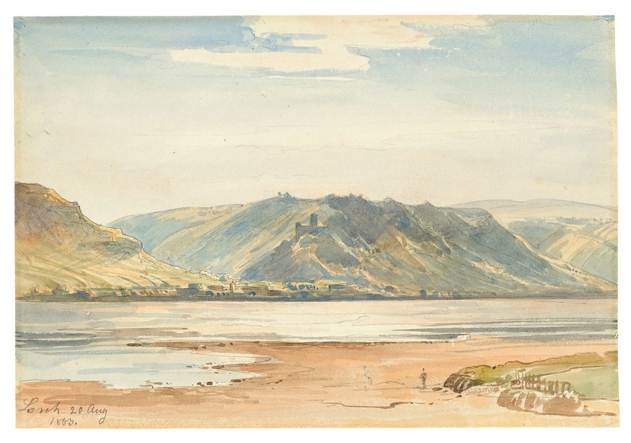 Auf diesem Bild ist das folgende Kunstwerk zu sehen: Carl Morgenstern. Blick von Lorch über den Rhein auf Niederheimbach. 1853.