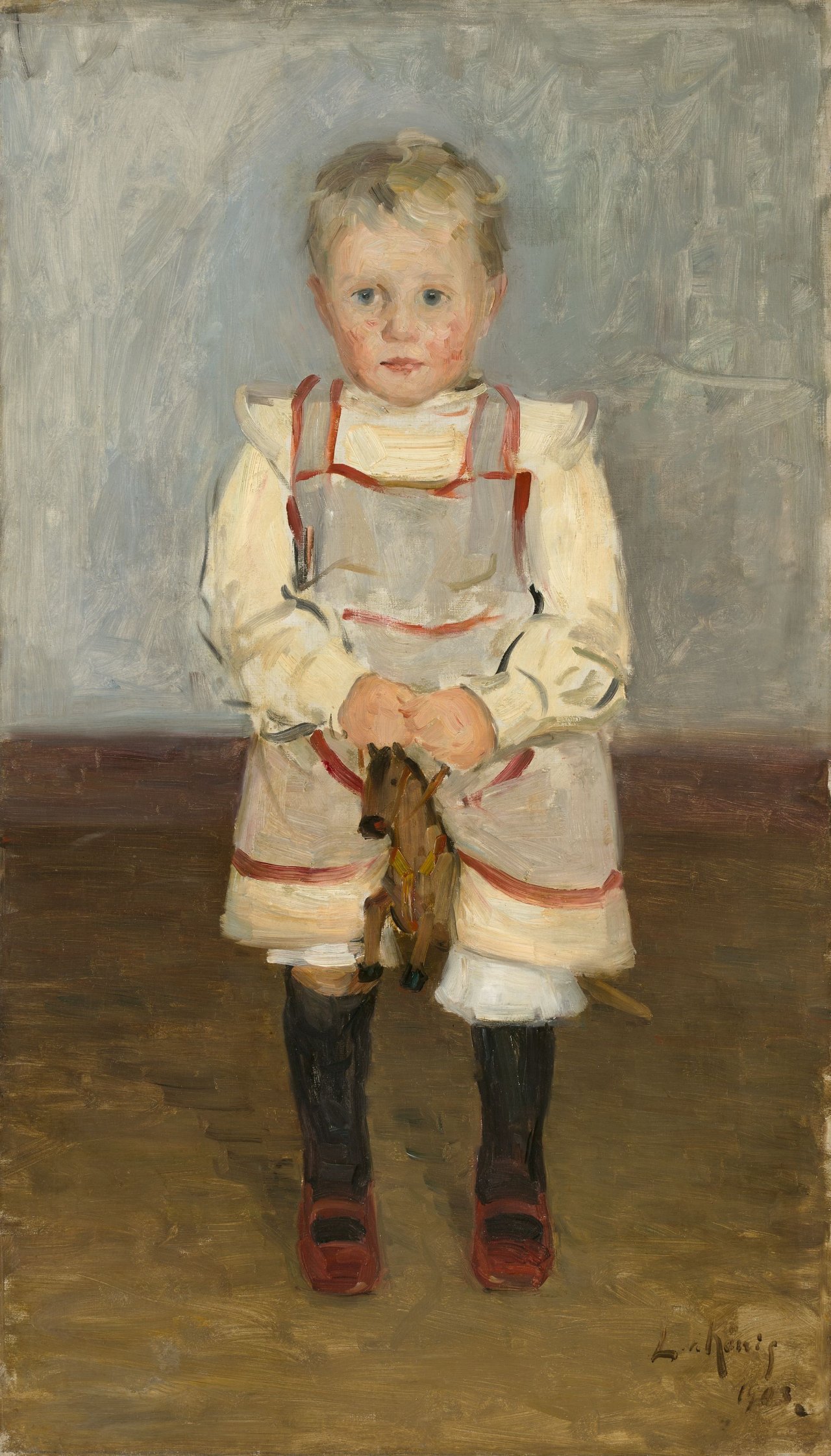 Auf diesem Bild ist das folgende Kunstwerk zu sehen: Leo von König. „Kinderportrait (Blonder Junge mit Steckenpferd)“. (Ludwig von Ziegler). 1903.