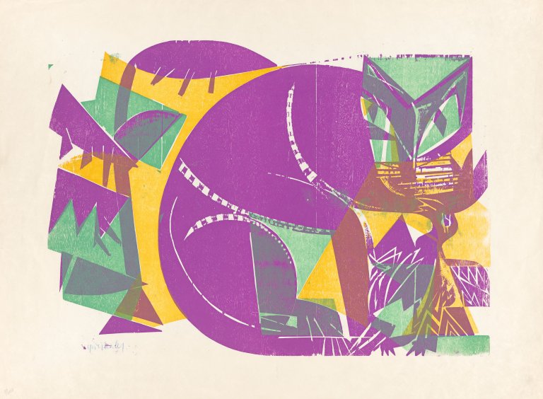 Auf diesem Bild ist das folgende Kunstwerk zu sehen: HAP Grieshaber. „Katze und Vogel“. 1960.