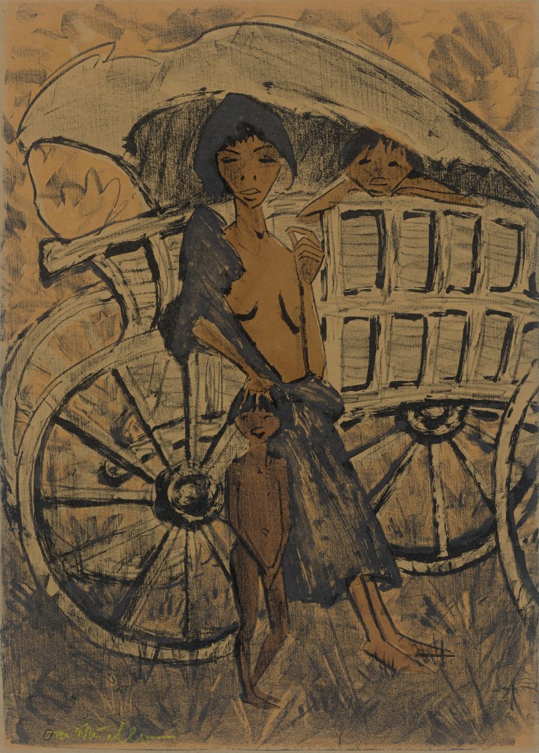 Auf diesem Bild ist das folgende Kunstwerk zu sehen: Otto Mueller. „Zigeunerin mit dem Kind vor dem Planwagen“. 1926/27.