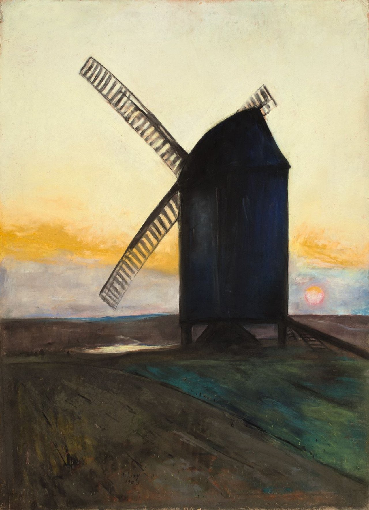 Auf diesem Bild ist das folgende Kunstwerk zu sehen: Lesser Ury. „Bockwindmühle vor Sonnenuntergang“. 1903.