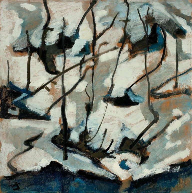 Auf diesem Bild ist das folgende Kunstwerk zu sehen: Werner Scholz. „Paysage d' Hiver“ (Am Bach). 1965.