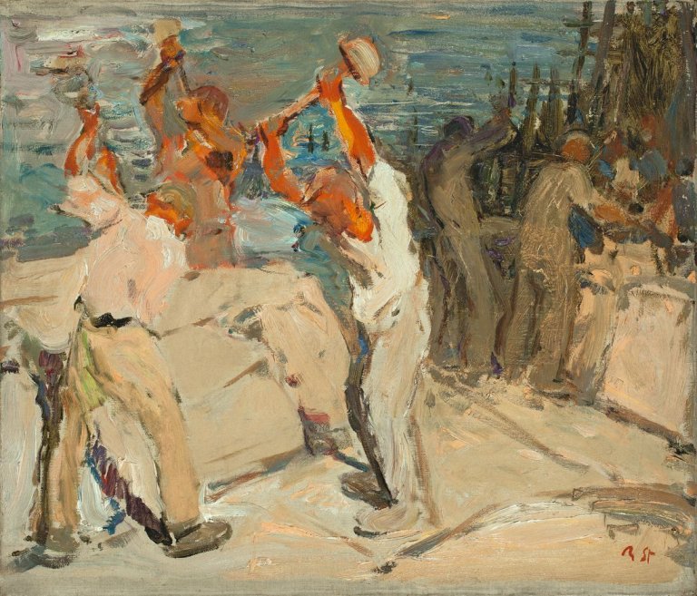 Auf diesem Bild ist das folgende Kunstwerk zu sehen: Robert Sterl. „Abbruch der Augustusbrücke“. 1908.