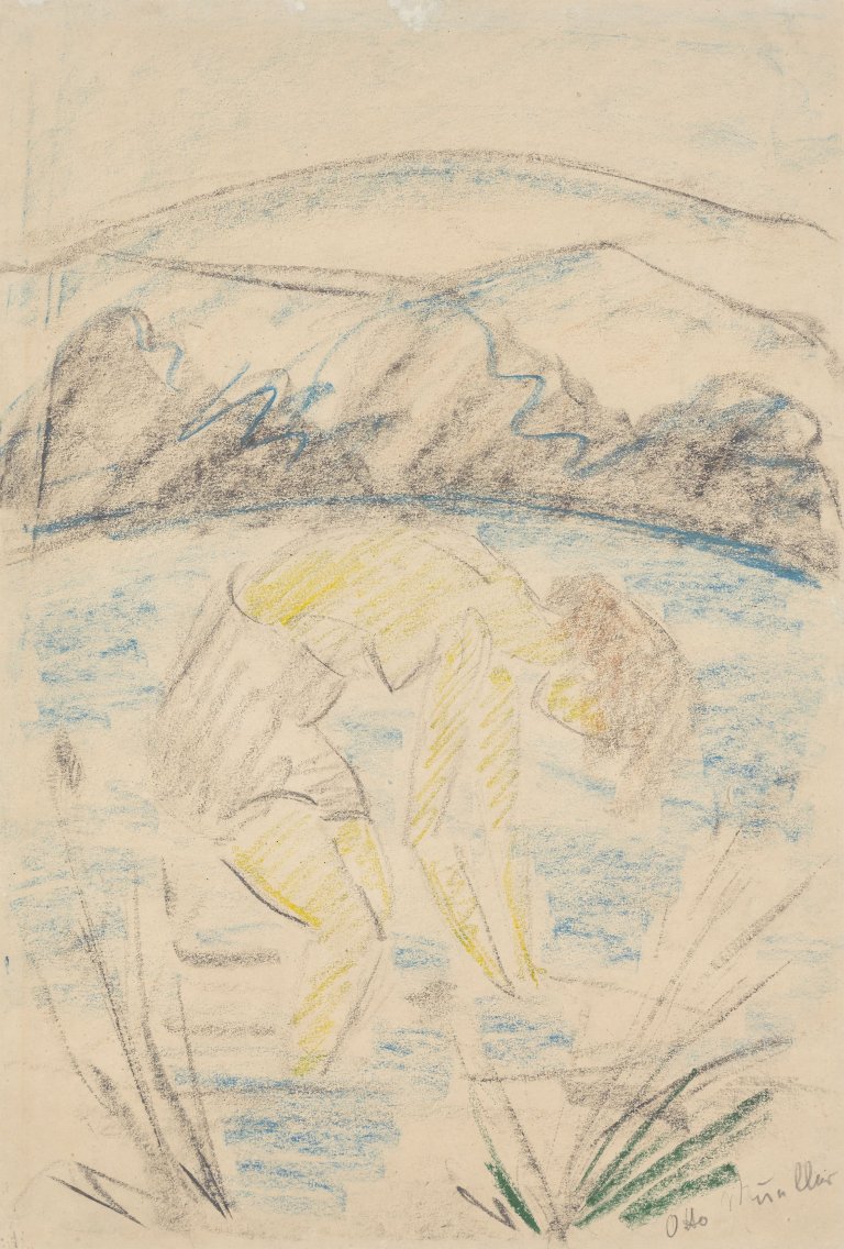 Auf diesem Bild ist das folgende Kunstwerk zu sehen: Otto Mueller. „Badendes Mädchen im See“. Um 1923.