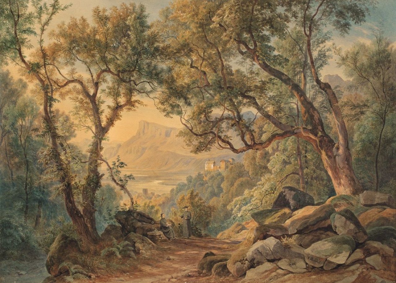 Auf diesem Bild ist das folgende Kunstwerk zu sehen: Carl Hummel. Blick auf das Etschtal bei Schloß Tirol. 1871.