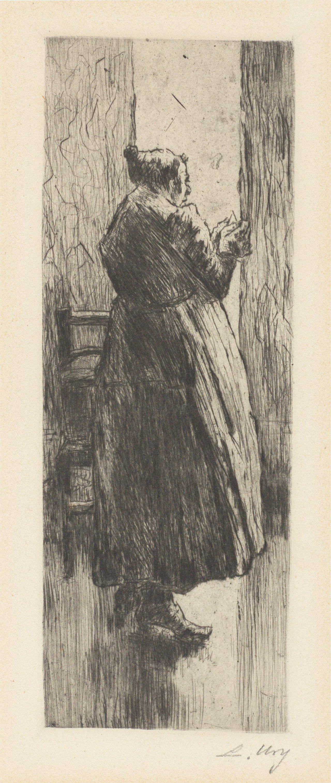 Auf diesem Bild ist das folgende Kunstwerk zu sehen: Lesser Ury. „Näherin: Holländische Bäuerin beim Einfädeln“. 1921.