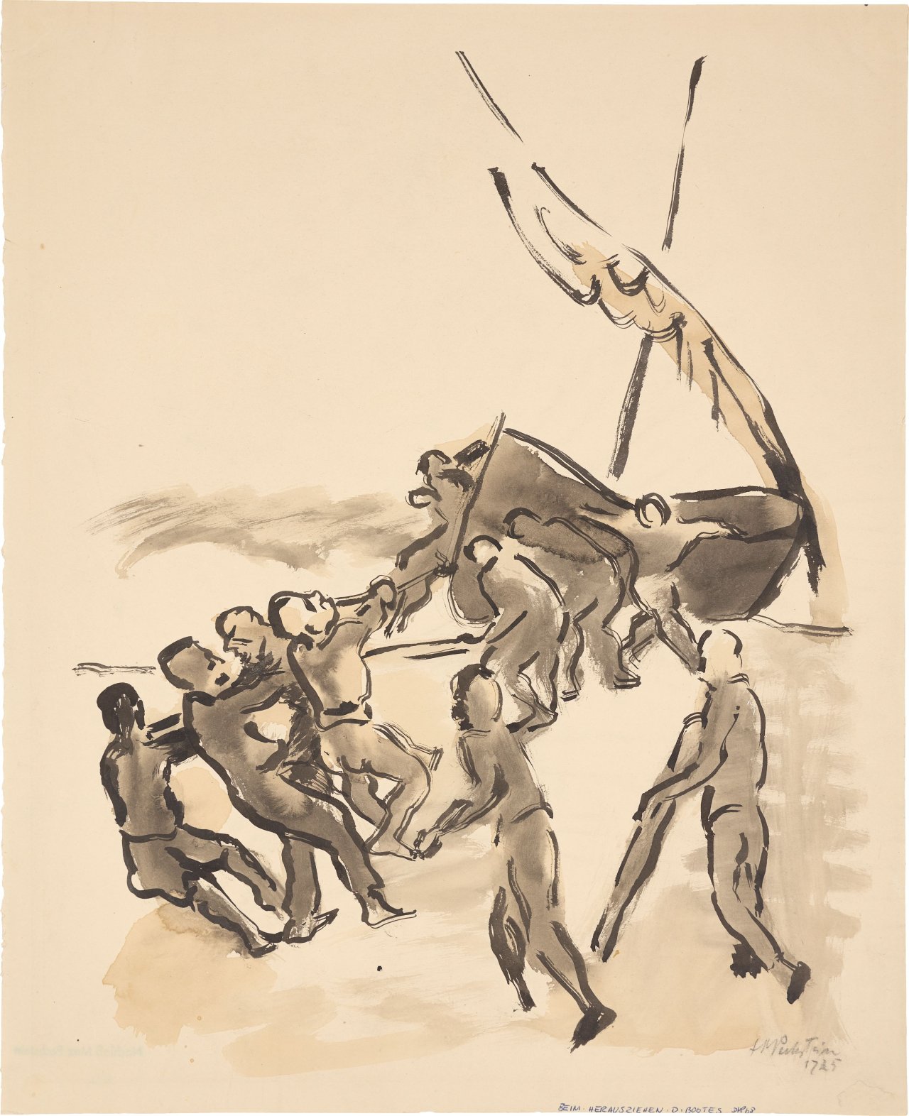 Auf diesem Bild ist das folgende Kunstwerk zu sehen: Max Pechstein. „Beim Herausziehen des Bootes“. 1925.