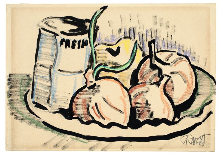 Auf diesem Bild ist das folgende Kunstwerk zu sehen: Karl Schmidt-Rottluff. Stilleben mit Zwiebeln.