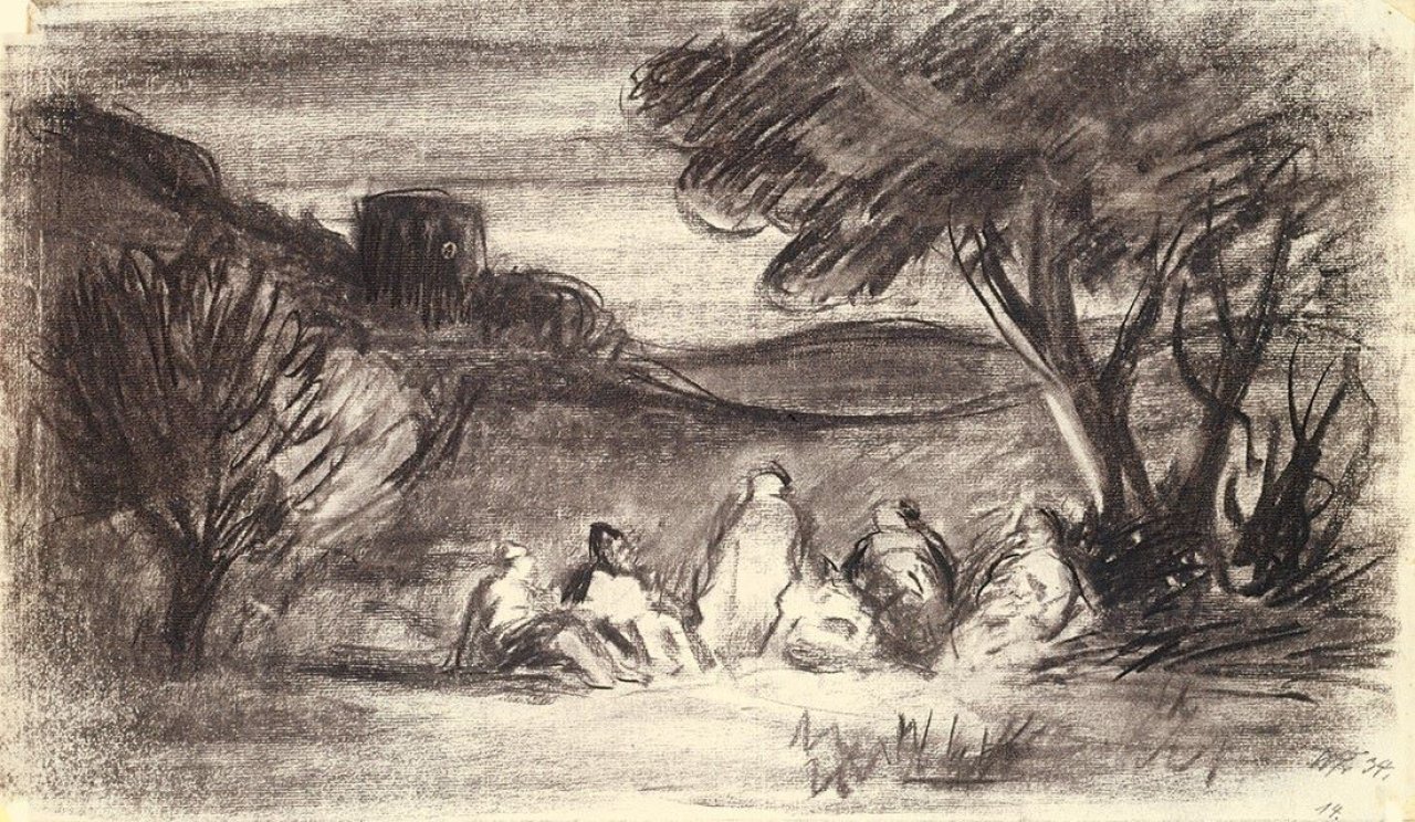 Auf diesem Bild ist das folgende Kunstwerk zu sehen: Werner Heldt. „Nächtliches Lagerfeuer in südlicher Landschaft“. 1934.
