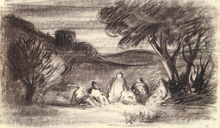 Auf diesem Bild ist das folgende Kunstwerk zu sehen: Werner Heldt. „Nächtliches Lagerfeuer in südlicher Landschaft“. 1934.