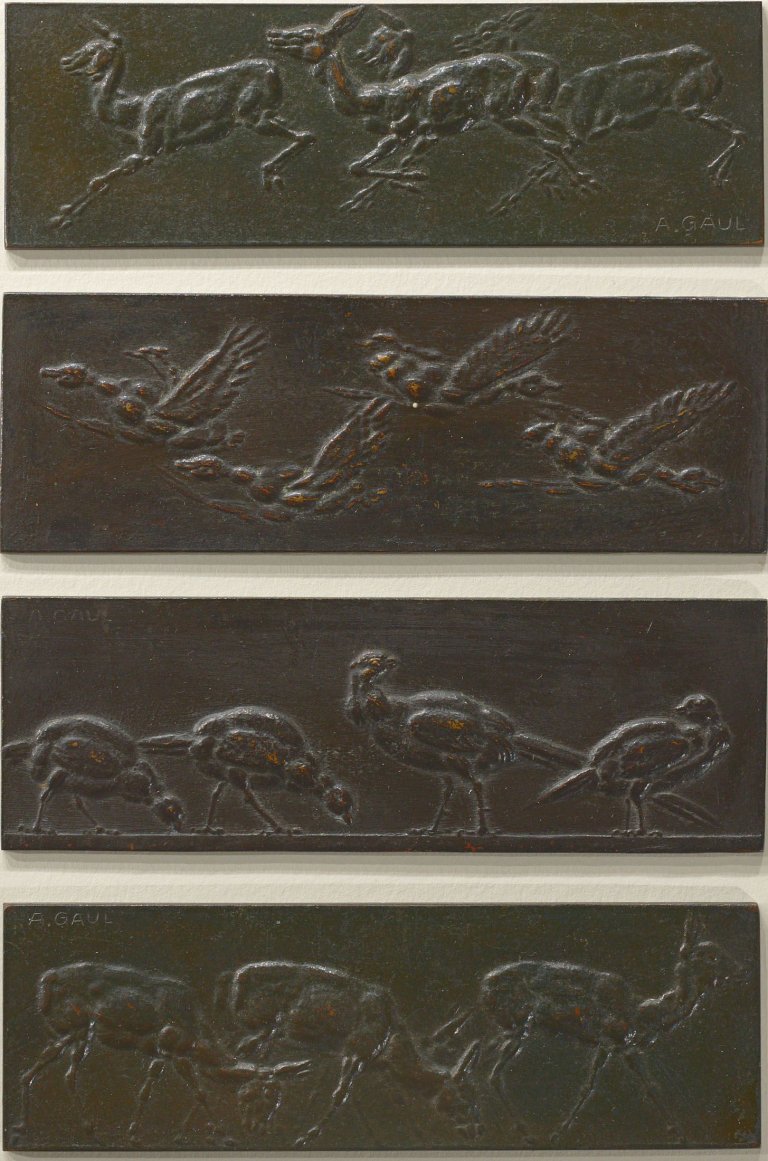 This picture shows the following artwork: August Gaul. „Vier springende Rehe / Vier gehende Rehe / Vier fliegende Wildgänse / Vier Fasane“. Circa 1914/15.