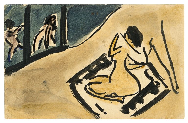 Auf diesem Bild ist das folgende Kunstwerk zu sehen: Ernst Ludwig Kirchner. Badende, sich abtrocknend. 1910.