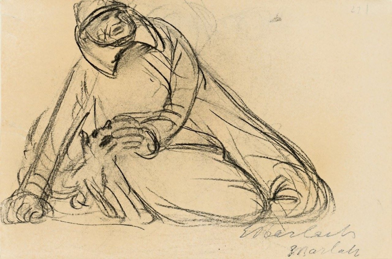 Auf diesem Bild ist das folgende Kunstwerk zu sehen: Ernst Barlach. „Kniender Hirte mit Hund“. 1913/14.