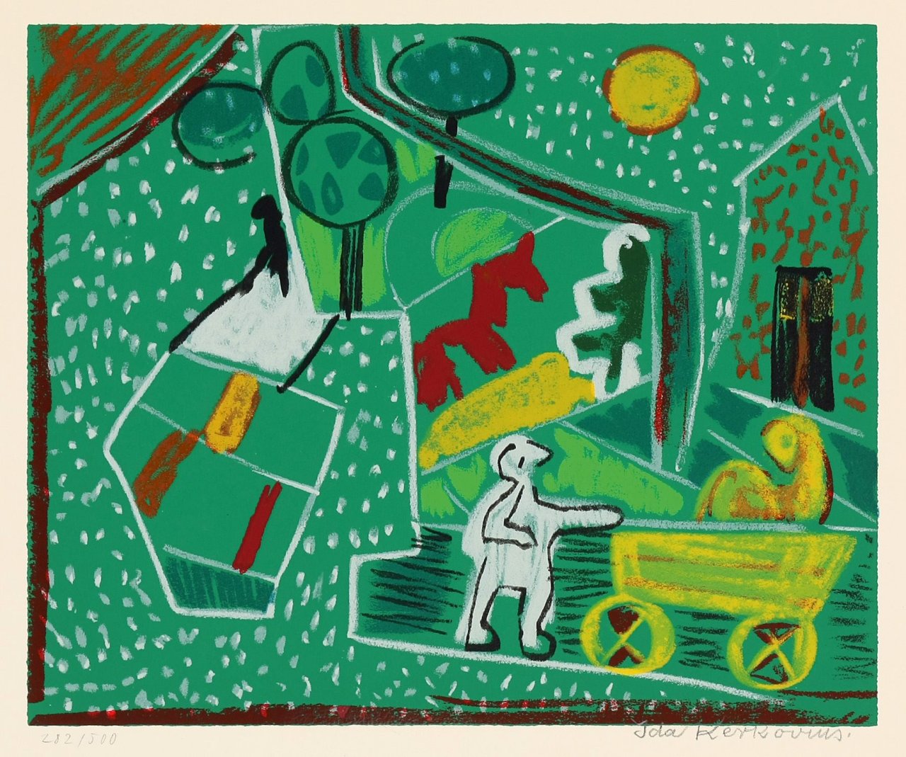 Auf diesem Bild ist das folgende Kunstwerk zu sehen: Ida Kerkovius. „Auf Grün mit Pferdchen/Kinderspielplatz“. 1964.