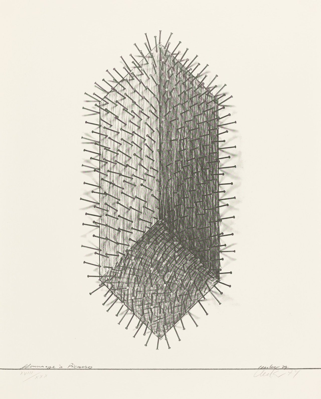 Auf diesem Bild ist das folgende Kunstwerk zu sehen: Günther Uecker. „Hommage a Picasso“. 1974.