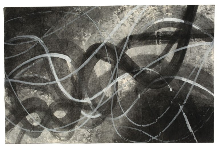 Auf diesem Bild ist das folgende Kunstwerk zu sehen: Hermann Glöckner. Ohne Titel (schwarze und weiße Schwünge). 1958.