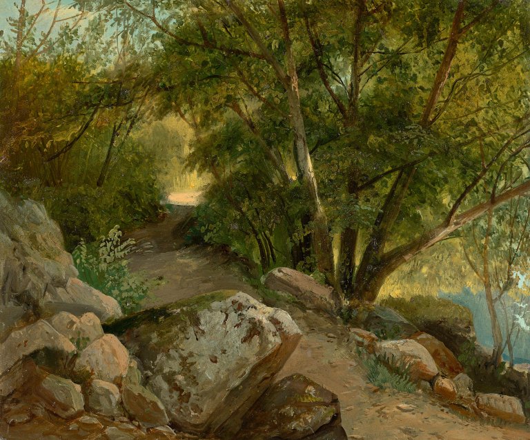 Auf diesem Bild ist das folgende Kunstwerk zu sehen:  Deutsch, um 1830. Weg im Grünen.