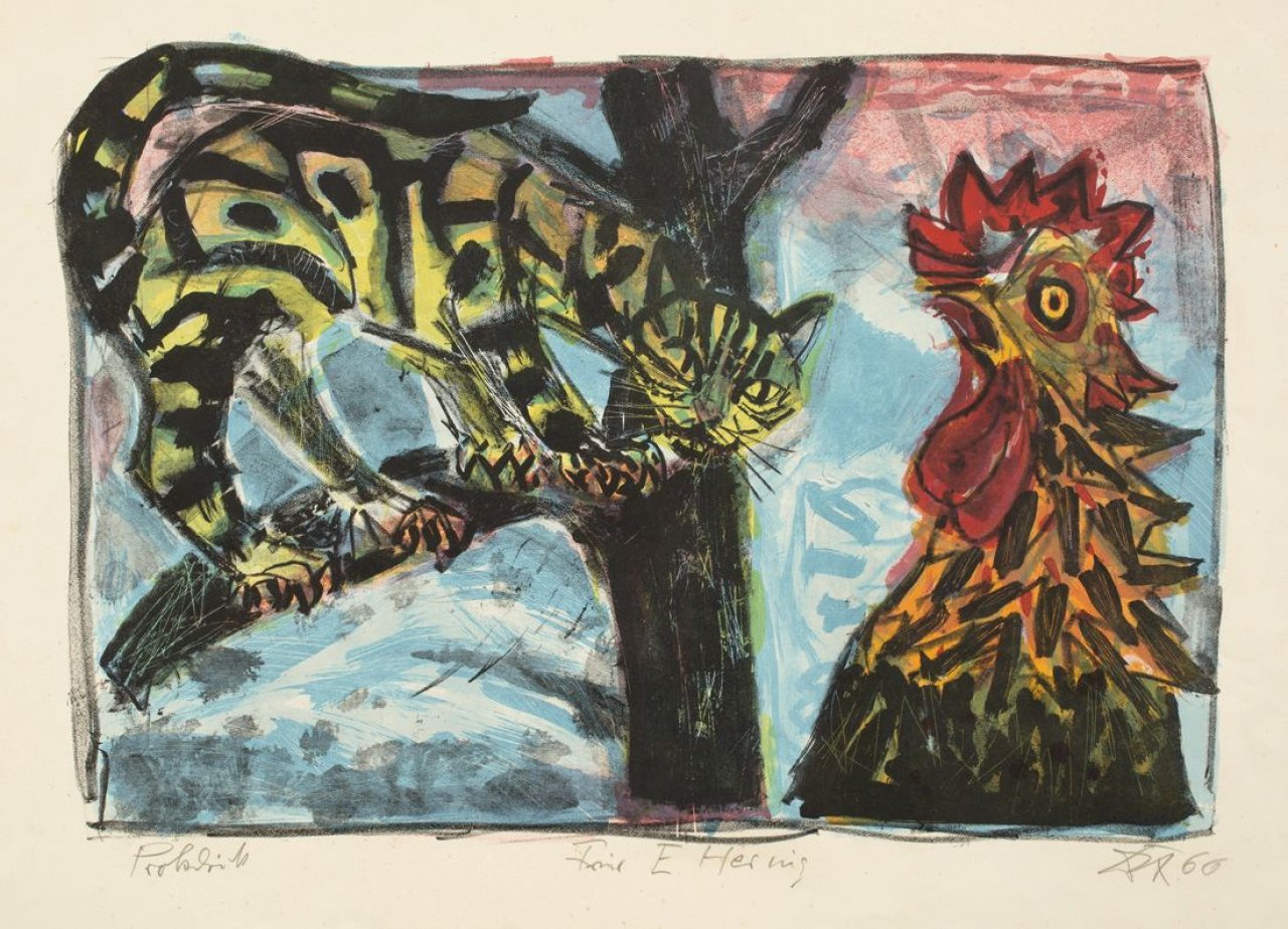 Auf diesem Bild ist das folgende Kunstwerk zu sehen: Otto Dix. „Katze und Hahn“. 1966.