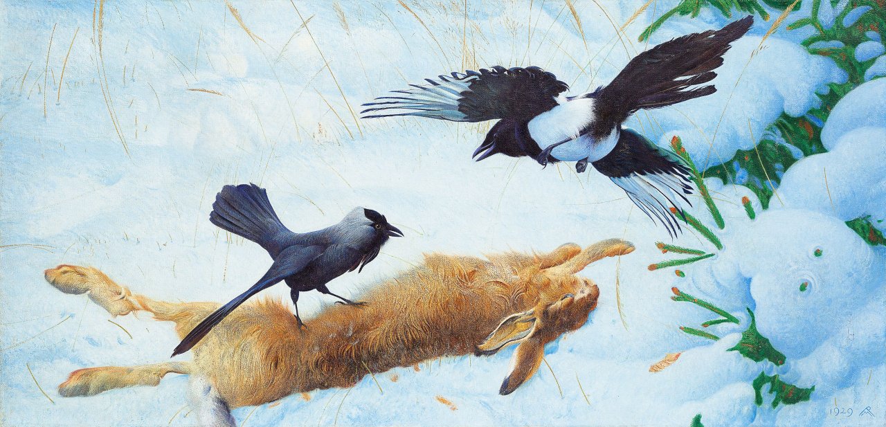 Auf diesem Bild ist das folgende Kunstwerk zu sehen: Richard Müller. „Toter Hase mit Krähen“. 1929.