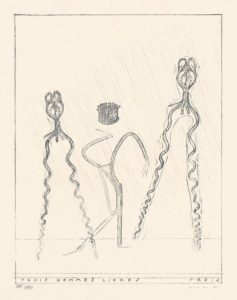 Auf diesem Bild ist das folgende Kunstwerk zu sehen: Max Ernst. „Trois hommmes libres“. 1971.