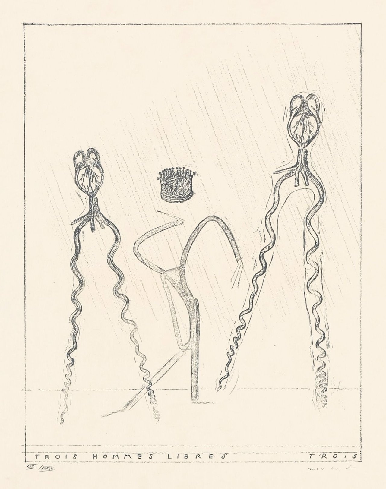 Auf diesem Bild ist das folgende Kunstwerk zu sehen: Max Ernst. „Trois hommmes libres“. 1971.