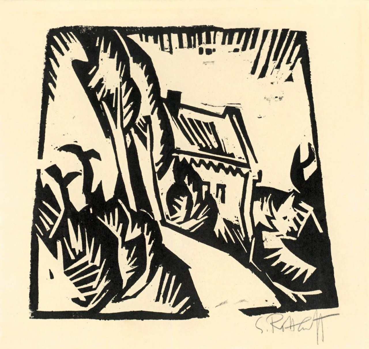 Auf diesem Bild ist das folgende Kunstwerk zu sehen: Karl Schmidt-Rottluff. „Haus mit Pappeln“. 1913.