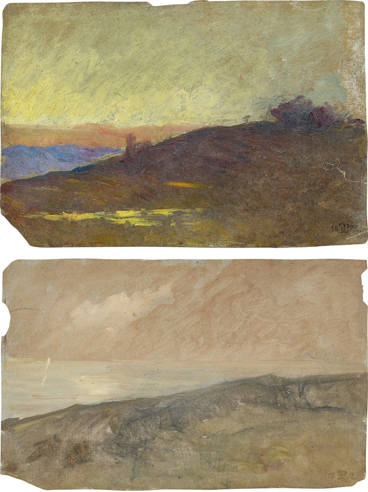 Auf diesem Bild ist das folgende Kunstwerk zu sehen: Friedrich Preller d. J.. Zwei Landschaftsstudien (Meeresküste und Berglandschaft). 1872.