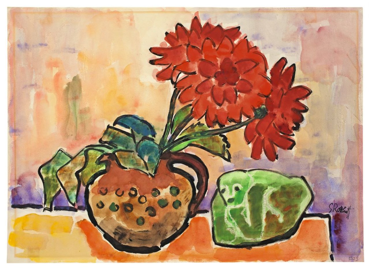 Auf diesem Bild ist das folgende Kunstwerk zu sehen: Karl Schmidt-Rottluff. „Rote Dahlien“. 1955.