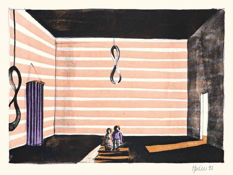 Auf diesem Bild ist das folgende Kunstwerk zu sehen: Thomas Huber. „Der Schlaf“ / „Vorbereitung“ / „Hannah und Joseph“ / „Joseph“ / „Besucher“ / „Versammlung“. 1992.