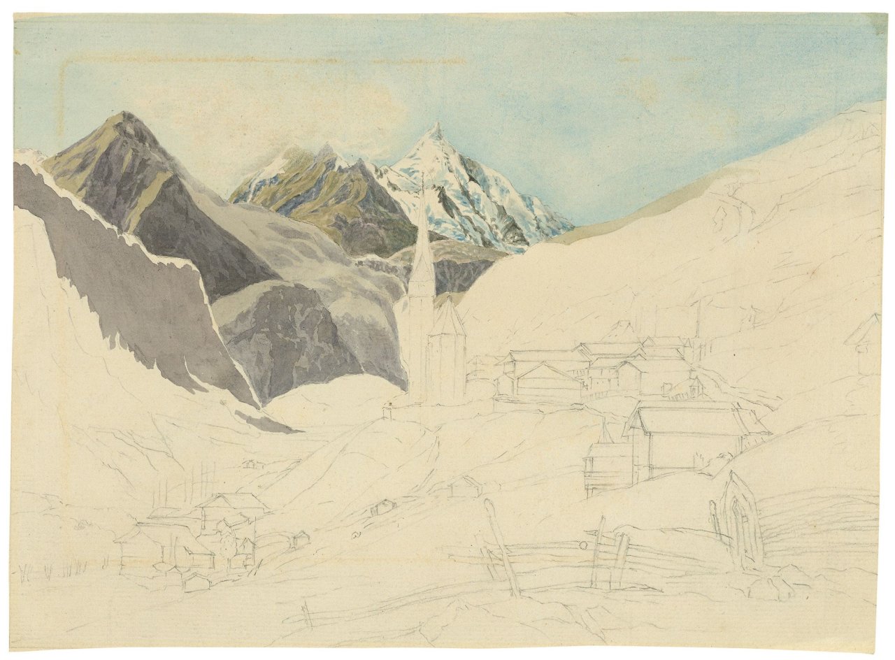 Auf diesem Bild ist das folgende Kunstwerk zu sehen:  Deutsch, um 1830. Ansicht von Heiligenblut am Großglockner (Studie).