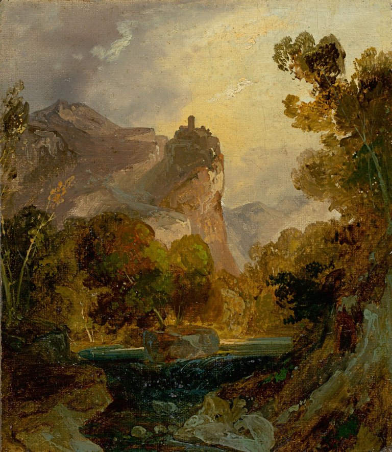 Auf diesem Bild ist das folgende Kunstwerk zu sehen: Carl Blechen. „Ansicht eines Flußtals im Gebirge mit einer Burg auf hohem Felsen“. Vor 1822.