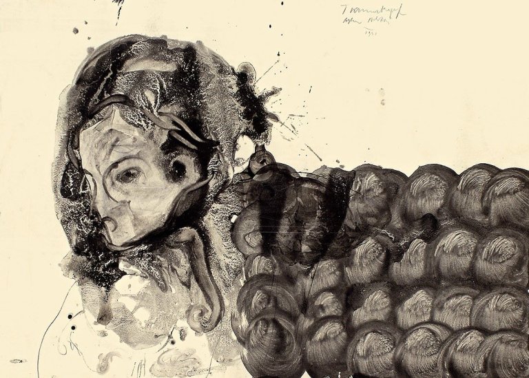 Auf diesem Bild ist das folgende Kunstwerk zu sehen: Carsten Nicolai. „Traumkopf“ / „Zwei Figuren ein Auge haltend“ / „Kopf mit Steinfigur“. 1991.