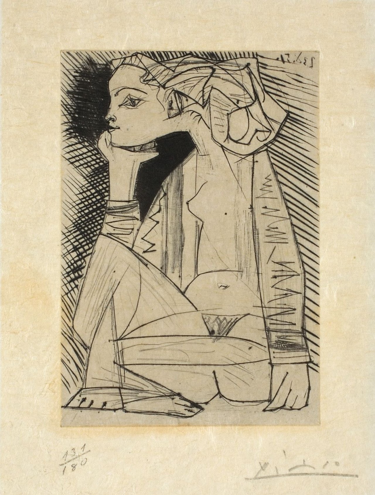 Auf diesem Bild ist das folgende Kunstwerk zu sehen: Pablo Picasso. „Femme assise en tailleur: Geneviève Laporte“. 1951.