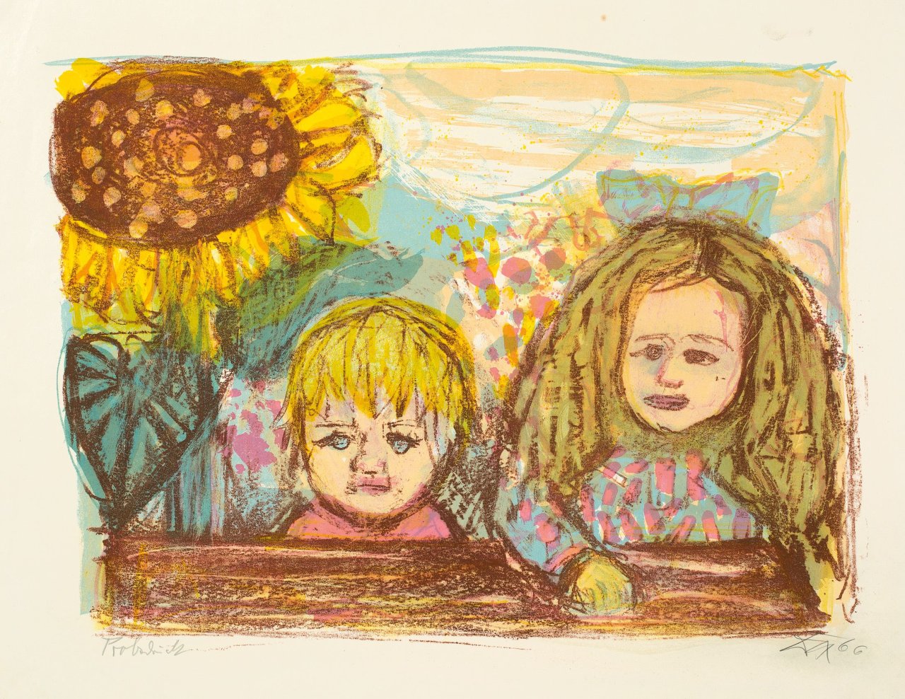 Auf diesem Bild ist das folgende Kunstwerk zu sehen: Otto Dix. „Zwei Kinder (mit Sonnenblume)“. 1966.
