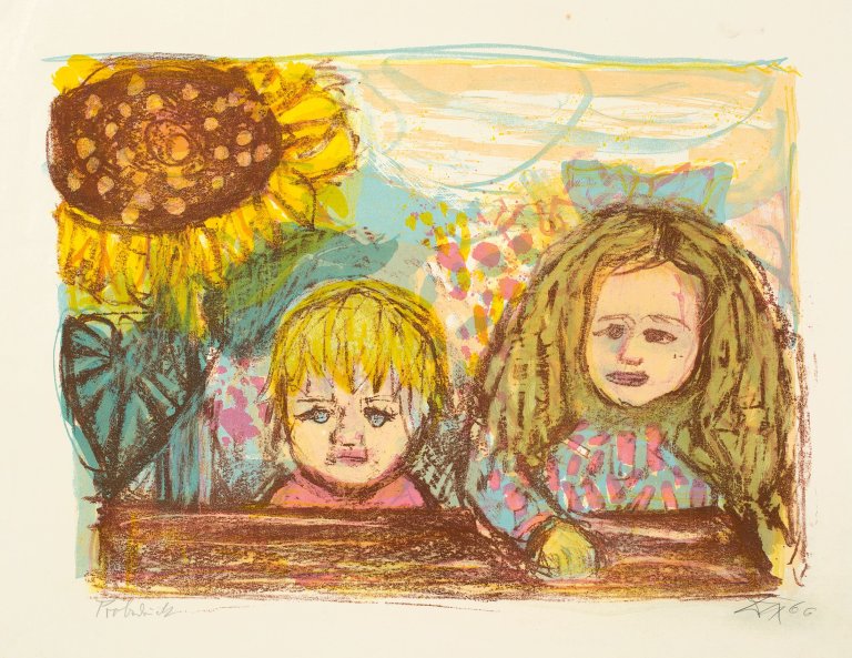 Auf diesem Bild ist das folgende Kunstwerk zu sehen: Otto Dix. „Zwei Kinder (mit Sonnenblume)“. 1966.