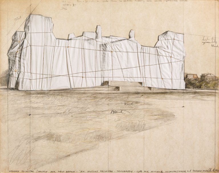 Auf diesem Bild ist das folgende Kunstwerk zu sehen:  Christo. „WRAPPED REICHSTAG (PROJECT FOR WEST BERLIN)“. 1973.