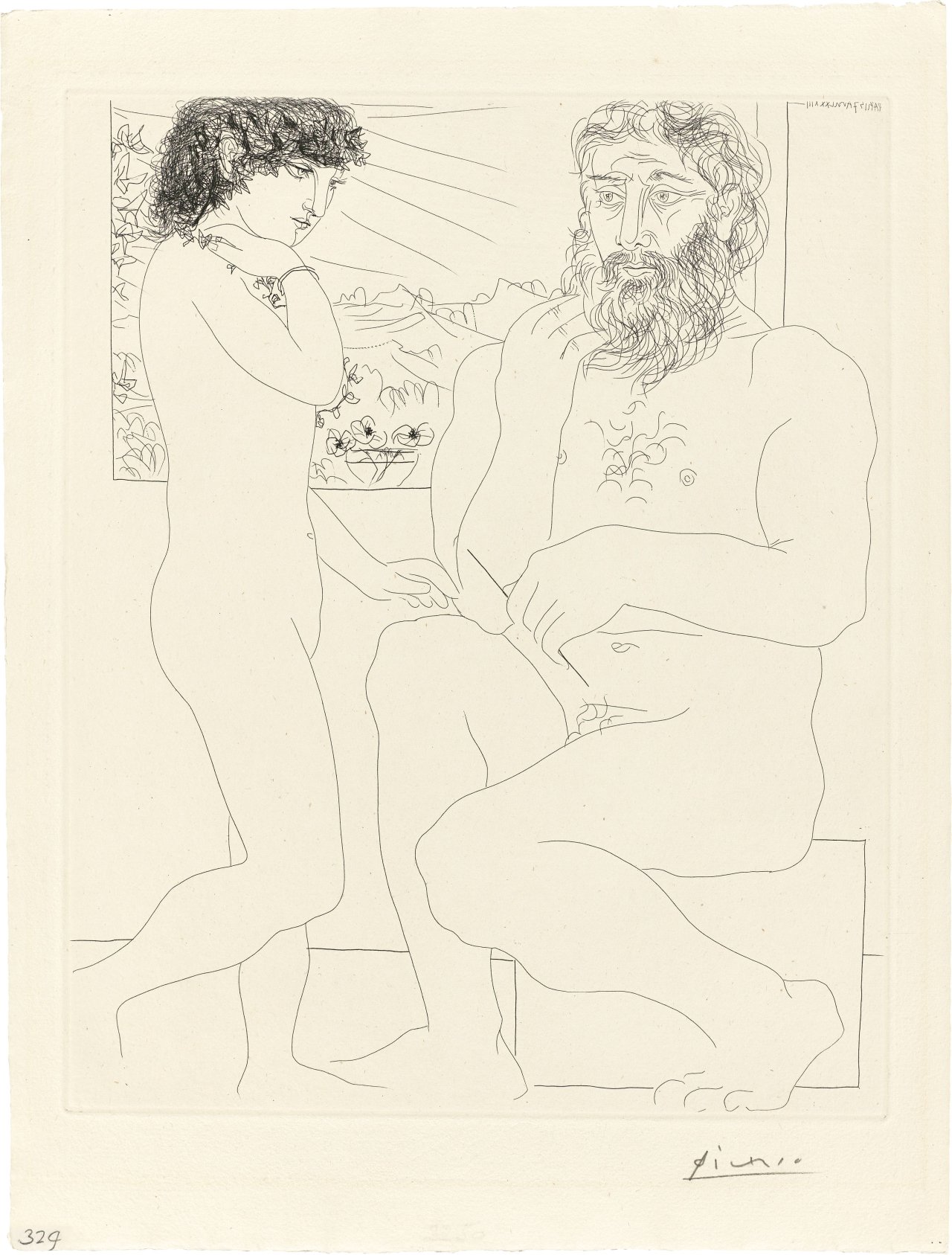 Auf diesem Bild ist das folgende Kunstwerk zu sehen: Pablo Picasso. „Sculpteur songeant, modèle aux cheveux noirs et bol avec trois anémones“. 1933.