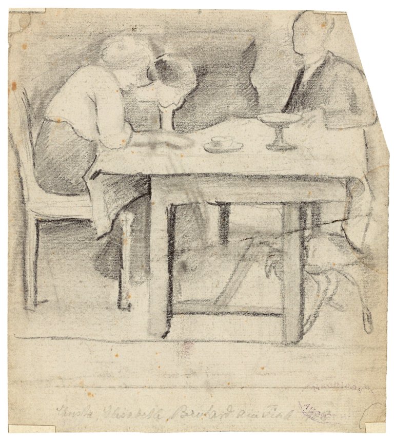 Auf diesem Bild ist das folgende Kunstwerk zu sehen: August Macke. „Christa, Elisabeth, Bernhard am Tisch“. 1908.