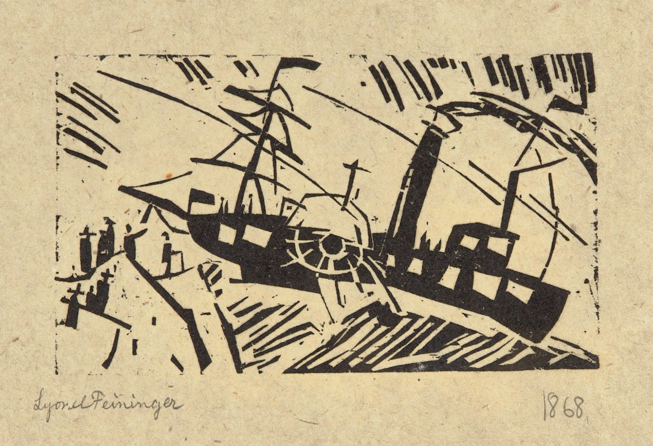 Auf diesem Bild ist das folgende Kunstwerk zu sehen: Lyonel Feininger. „Raddampfer“. 1918.