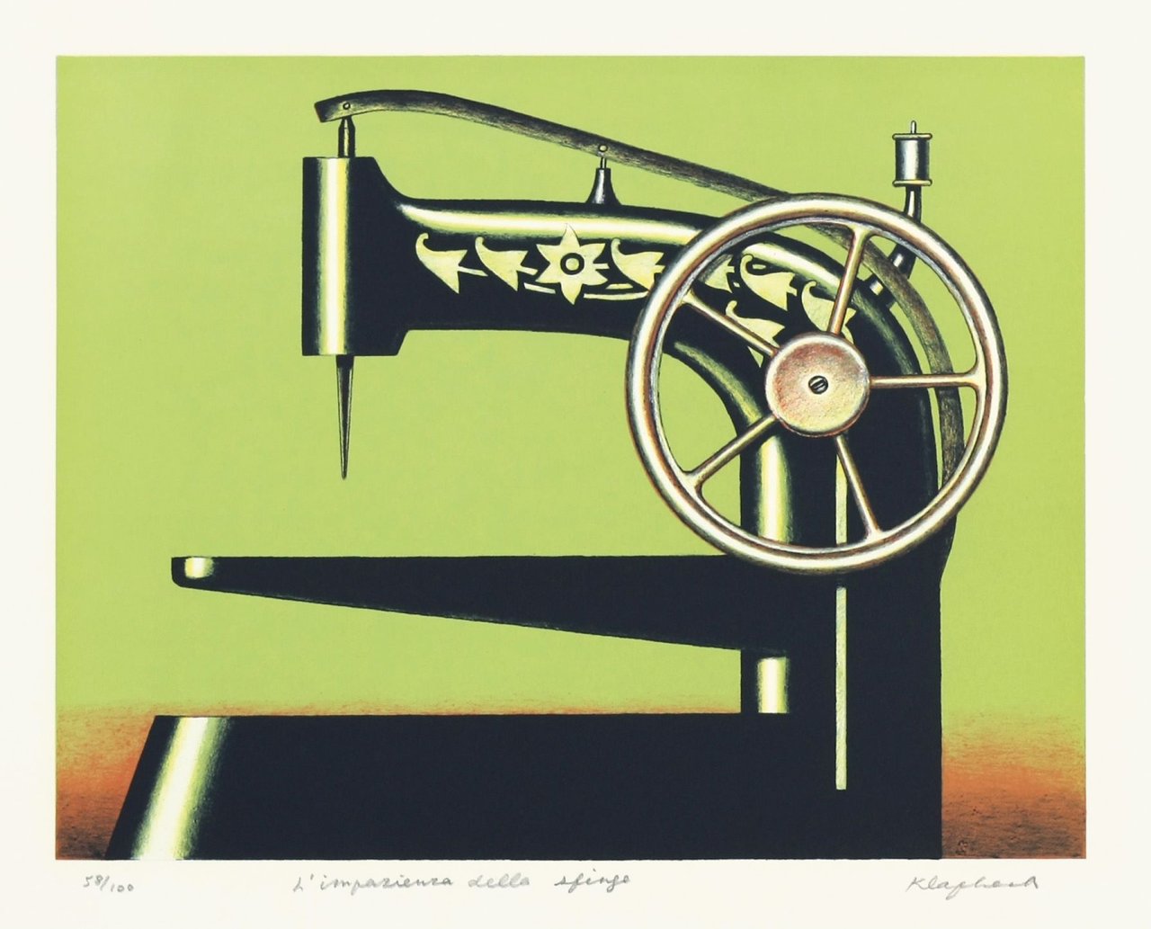 Auf diesem Bild ist das folgende Kunstwerk zu sehen: Konrad Klapheck. „Die Ungeduld der Sphinx“ („L'Impazienza della sfinge“). 1998.