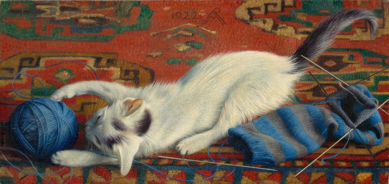 Auf diesem Bild ist das folgende Kunstwerk zu sehen: Richard Müller. „Katze mit Wollknäuel“. 1922.