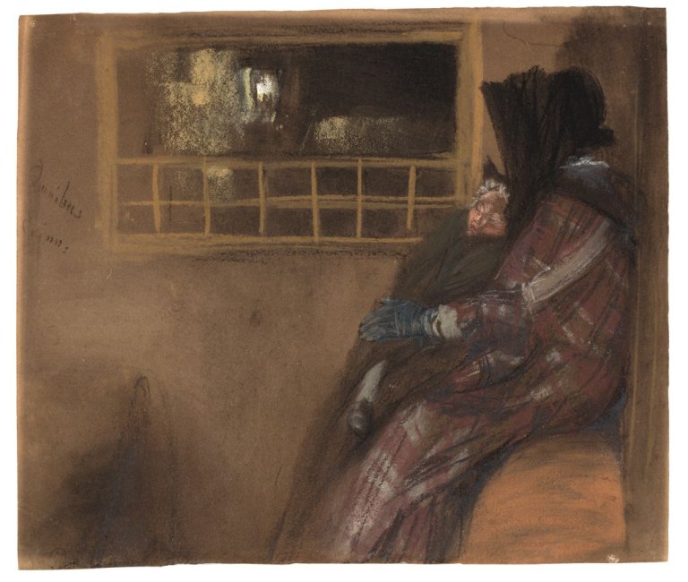 Auf diesem Bild ist das folgende Kunstwerk zu sehen: Adolph Menzel. „Omnibus (Erinnerung)“. Um 1848.