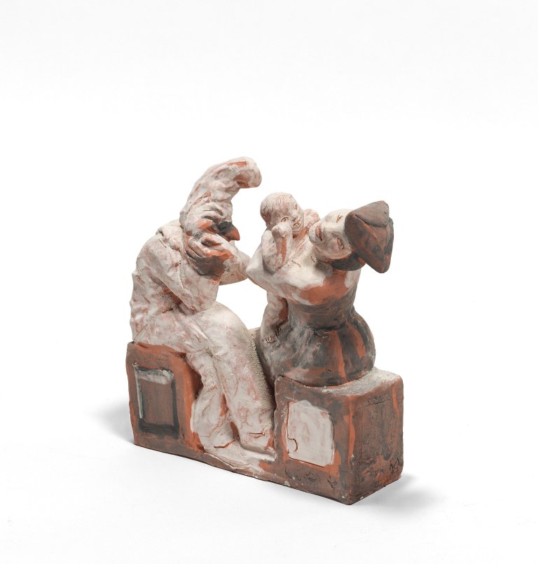 Auf diesem Bild ist das folgende Kunstwerk zu sehen: Robert Metzkes. Pulcinella mit Familie. 1997.