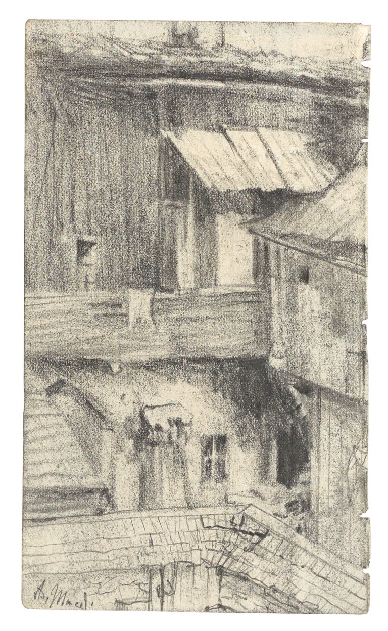 Auf diesem Bild ist das folgende Kunstwerk zu sehen: Adolph Menzel. Hinterhof.